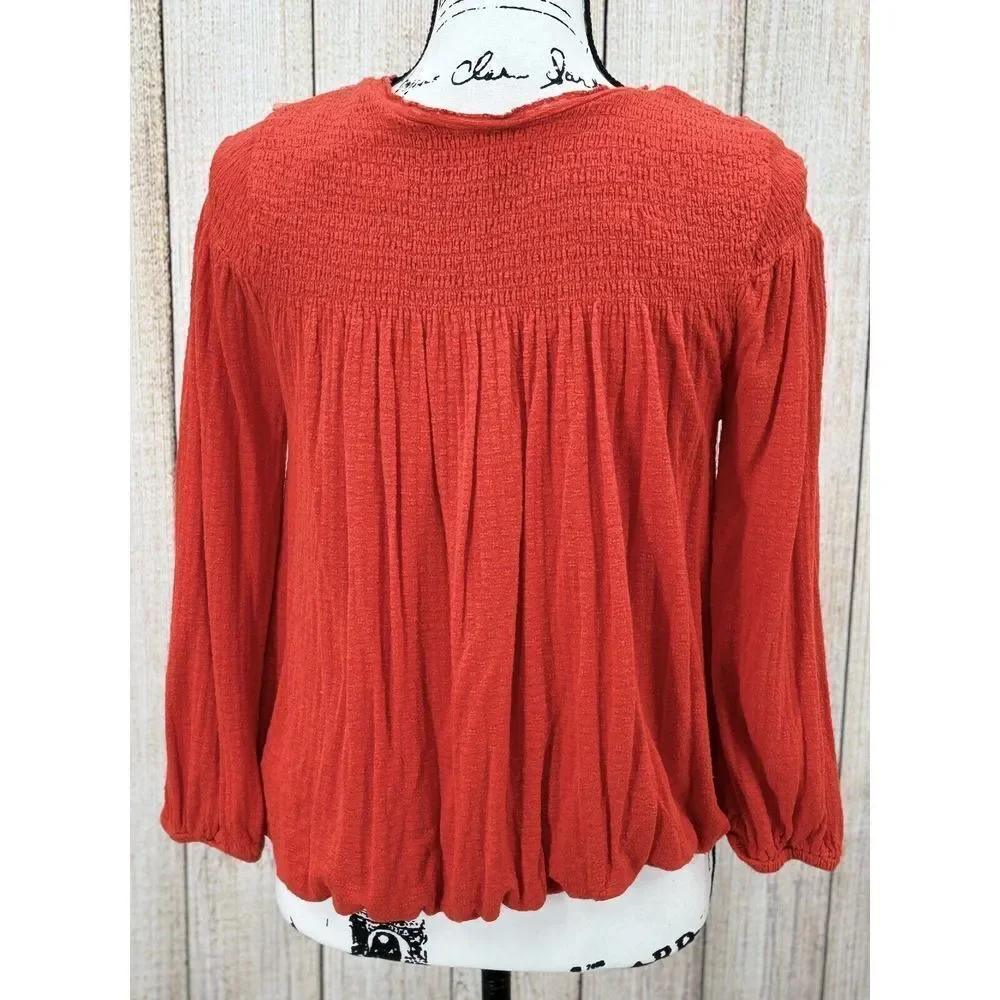 Free People Size Small Begonia Embroidered‎ Peasant Top Blouse Orange Bohemian
